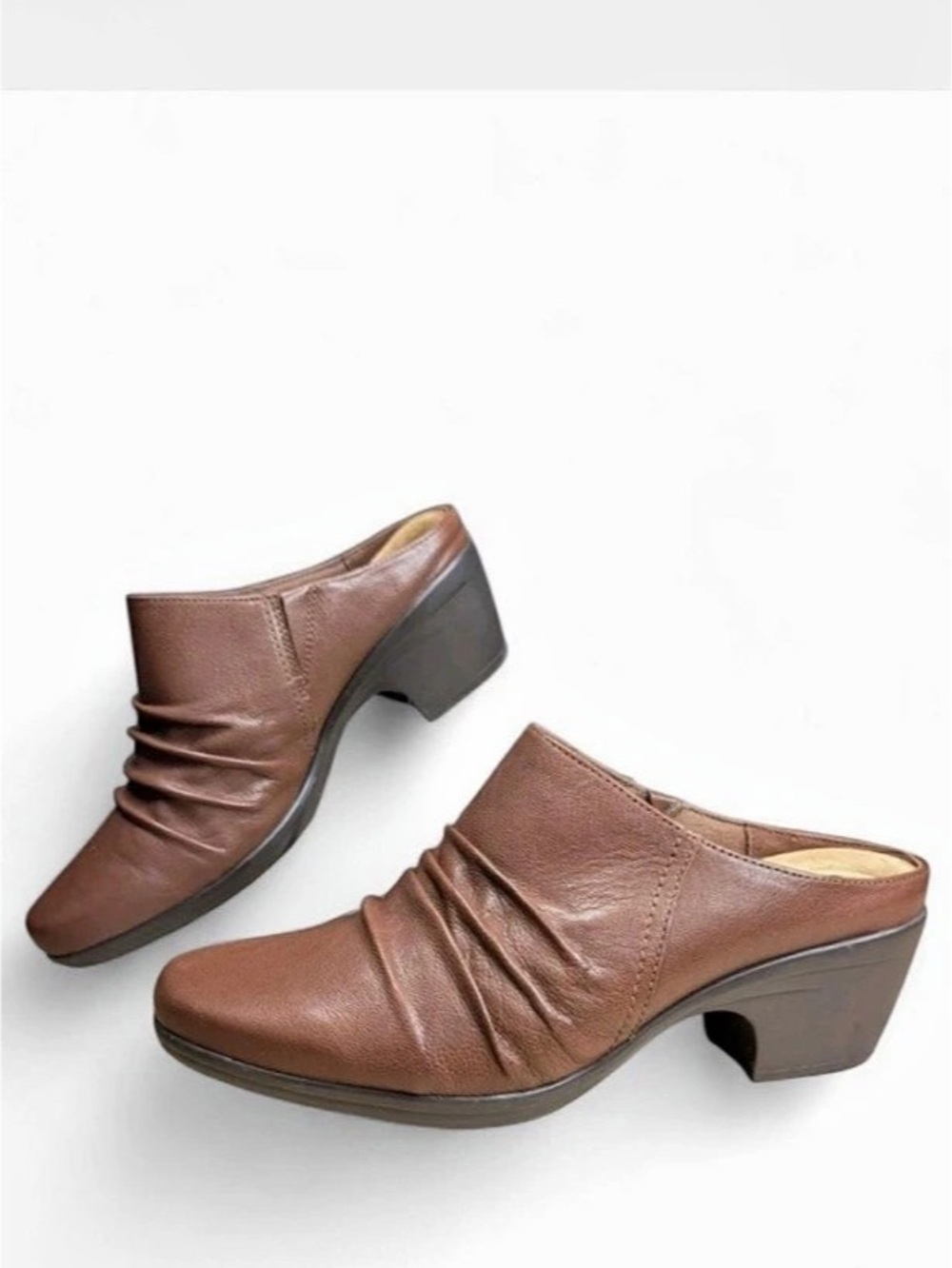 Clarks Collection Ruched Leather-Look Mules Brown US 8